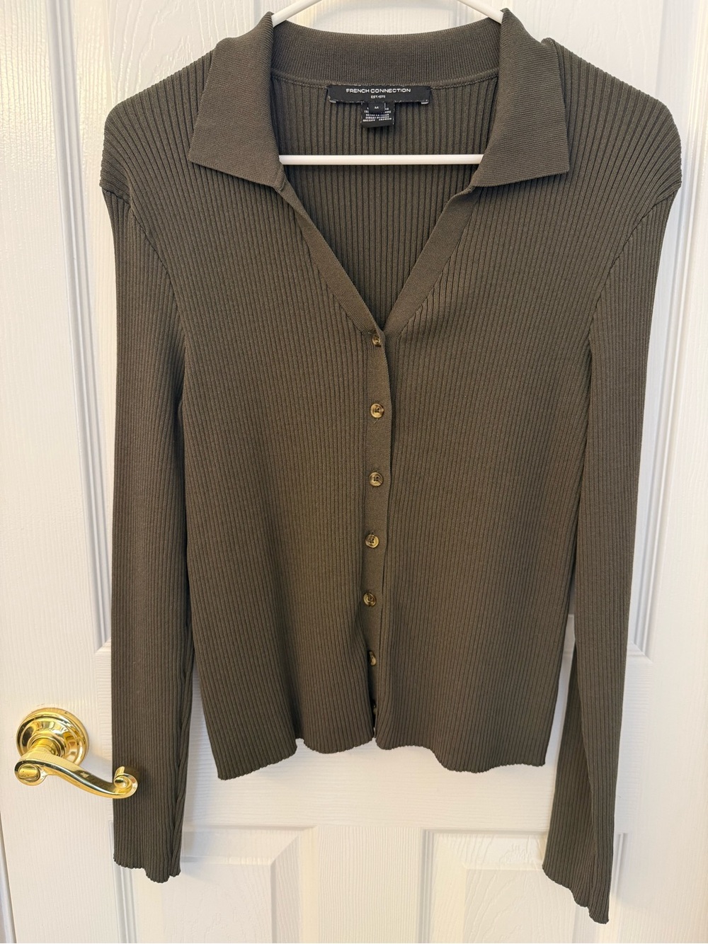 French Connection Olive Ribbed Button-Down Collar Top